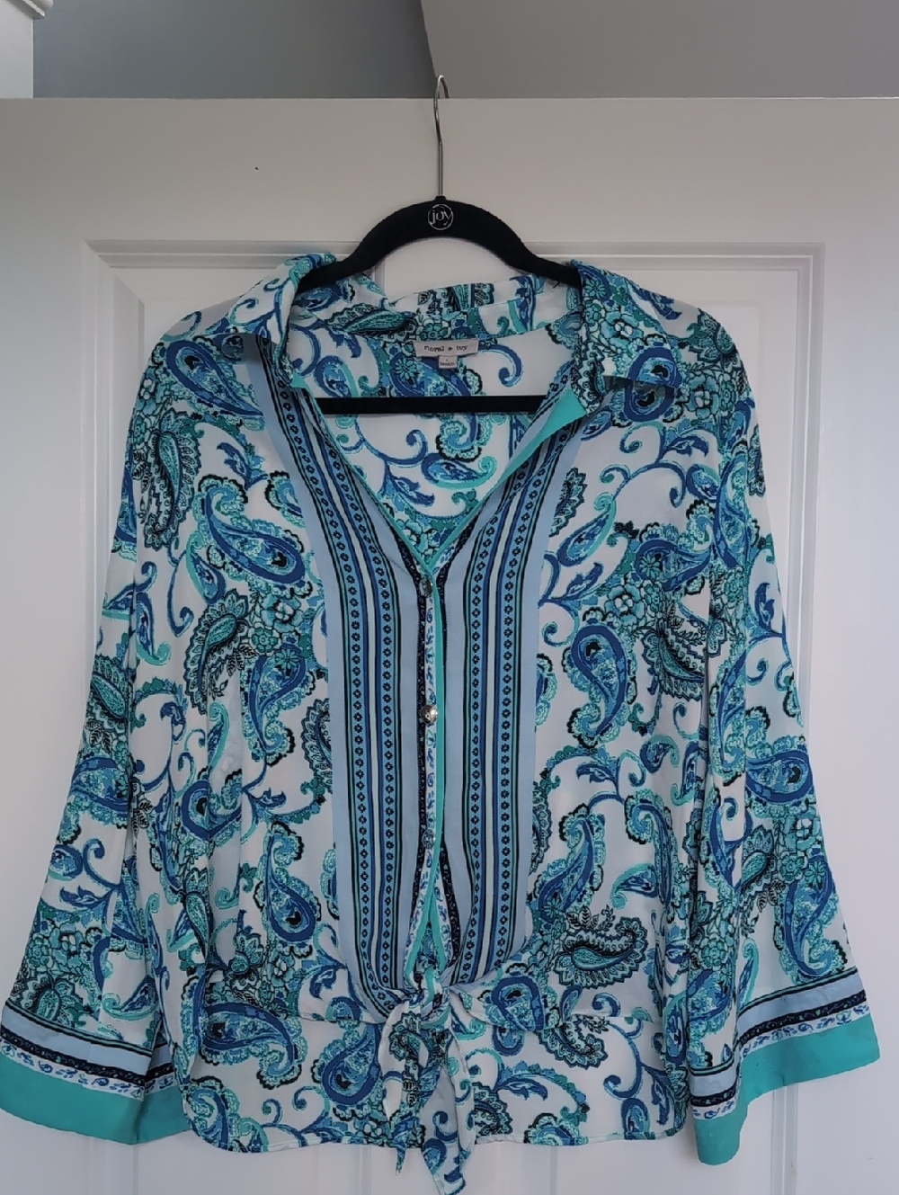Paisley Tie-Hem Button Down Shirt - Blue/Teal